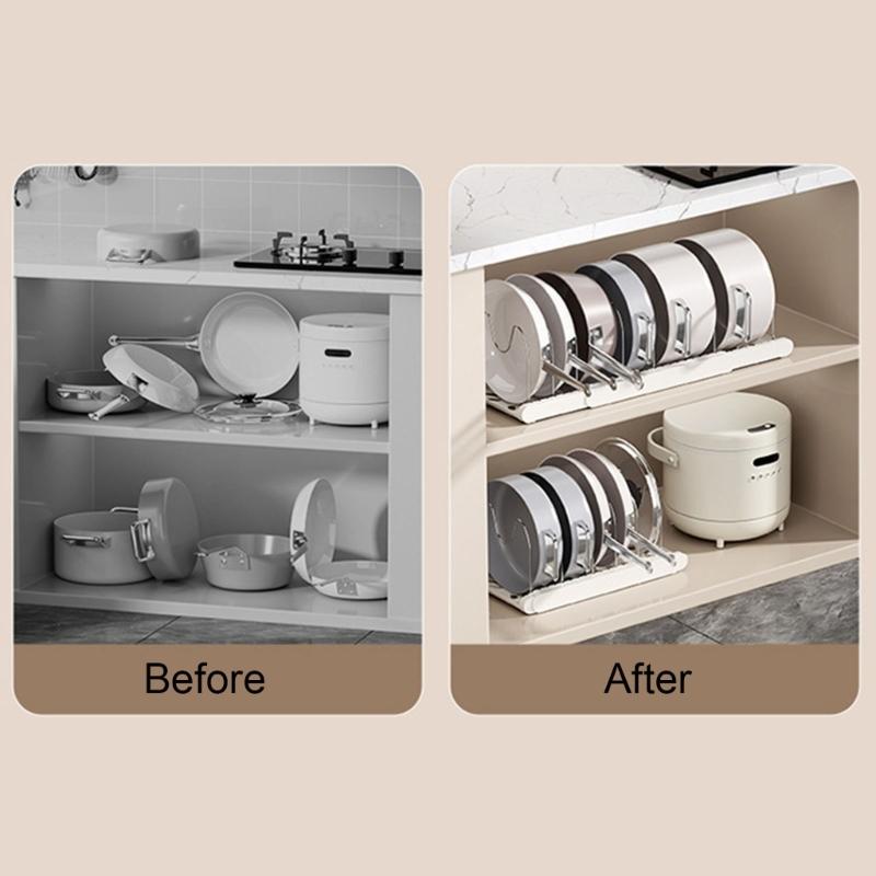 Space Saving Under Cabinet Storage Rack For Cookware Expandable Pots and Pans Organizer With Adjustable Dividers