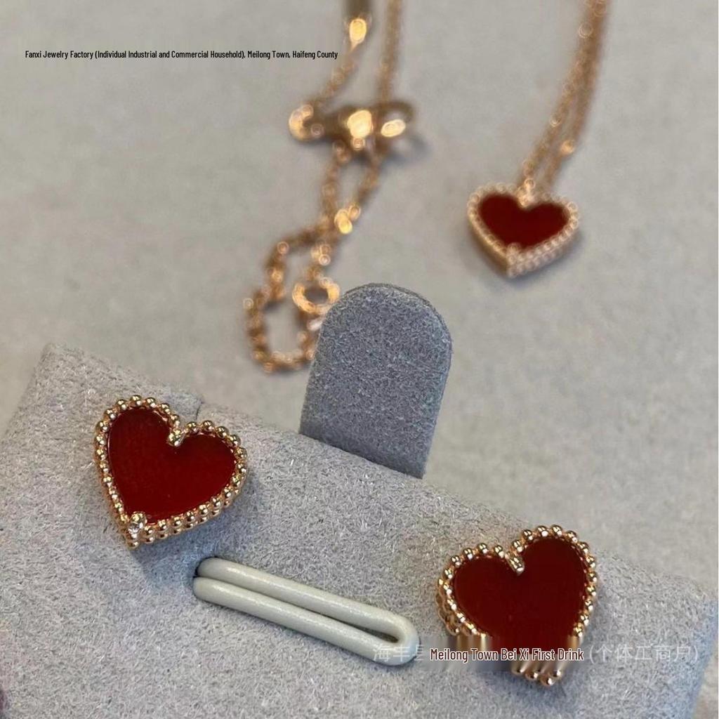 Rose Gold Heart Necklace & Earrings Set - 18K Plated with Agate Heart Design