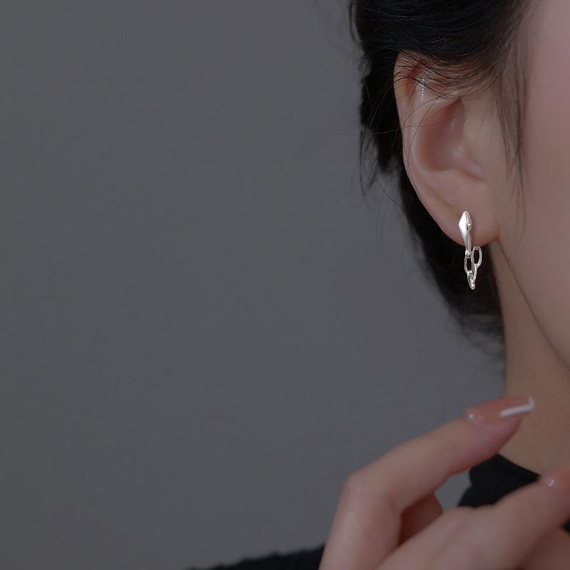 PONYKISS Tibetan Silver Zircon Hollow Small Snake Chain Hoop Earrings for Trendy Women Fashion Minimalist Accessories