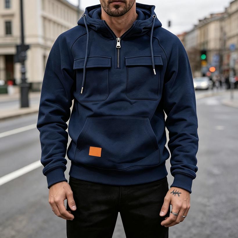 Men's Quarter Zip Hoodie, Half Zip Pullover Sweatshirt with Chest Pockets & Patch Logo, Casual Streetwear for Men