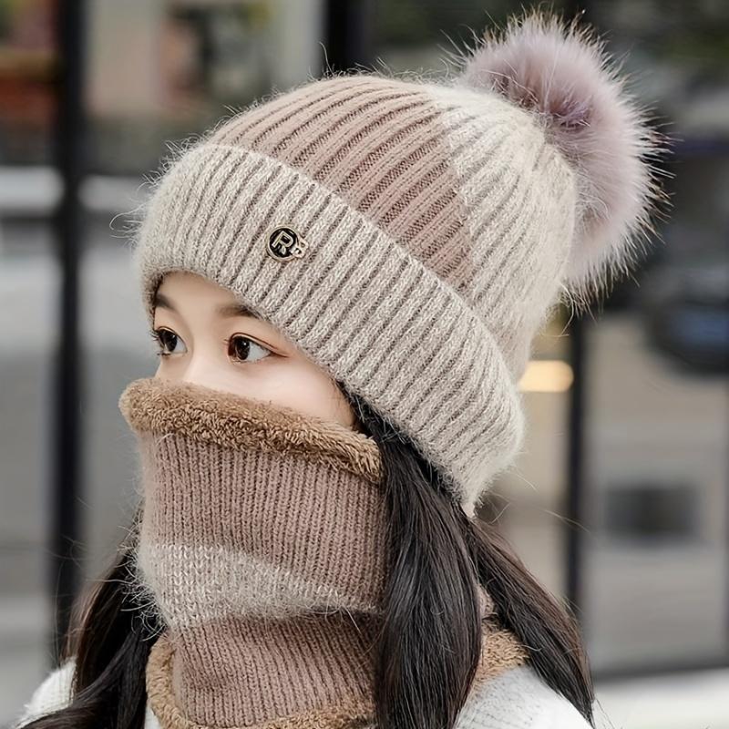Hat and Scarf Set for Women, Autumn-Winter Warm Fleece Hat, Fashionable Winter Cycling Windproof Cold-Proof Cap
