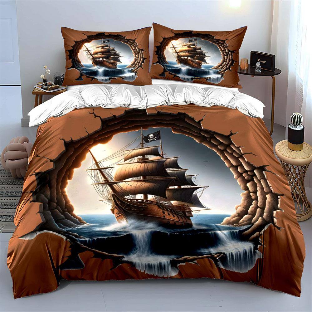 Pirate Ship Wall Art Set Soft Comfortable Duvet Cover Bedding Set Included 1*Duvet Cover & 2*Pillowcases, Gift