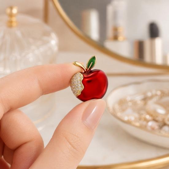Brooch Pin for Women, Fruit Shape Lapel Pin with Rhinestones Bright Red Glaze And Emerald Leaves, Multi-Purpose Pin for Christmas Gifts Daily Wear
