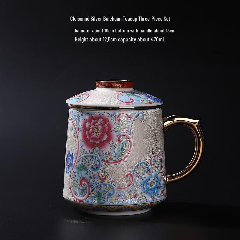 Light Luxury Pure Silver Filigree Enamel Ceramic Tea Infuser Cup with Lid