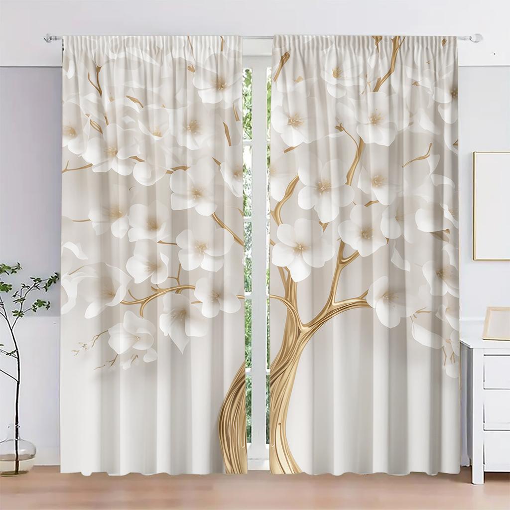 2pcs White Magnolia and Gold Stem Floral Light-Filtering Curtains – Perfect for Bedroom Living Room Office and Home Decor