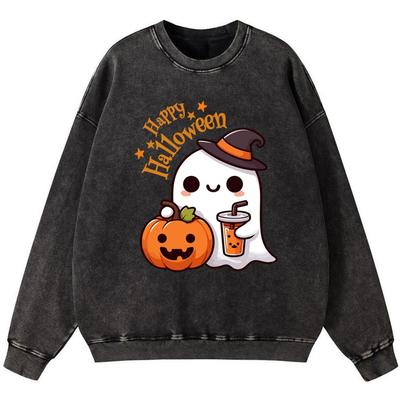 Wesołego Halloween Lady Vintage Bluza z bawełny pranej Street Oversize Pulower Cienki styl Hip Hop Miękki polar