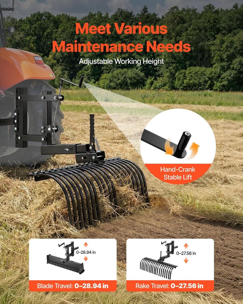 106.7cm Tow Behind Landscape Rake, 3-Point Lawn Rock Rake with Blade & Lift Lever, Fit Category 1 ATVs UTVs Lawn Tractors, Heavy Duty Dethatcher Rake