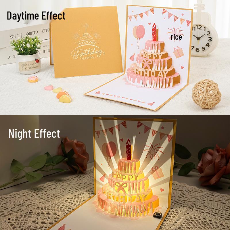 Dźwiękowa kartka urodzinowa 3D Pop-Up ze światłem do nagrywania - Wzór tortu na prezent dla chłopaka/dziewczyny