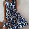 Fashion Bohemian Dress Women Printed V Loose Pleated Neck