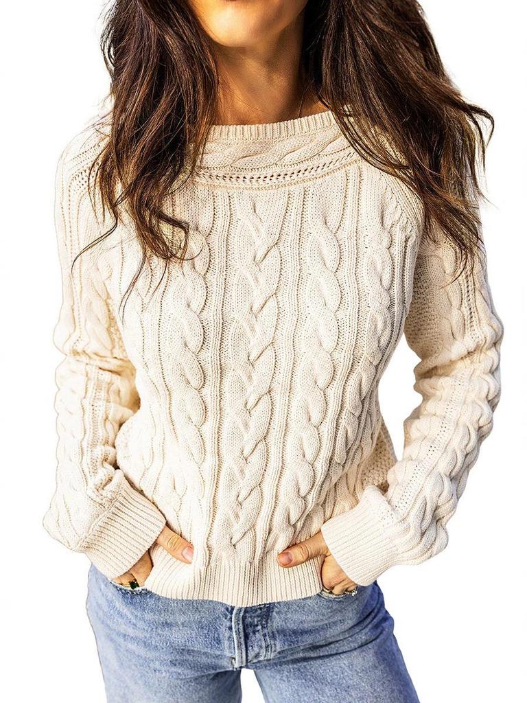 Women's Autumn 2026 Solid Color Cable Knit Pullover Sweater - European/American Style with Round Neck and Long Sleeves