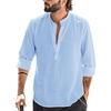 Spring Autumn Casual Men's Loose Shirt Standing Collar Cotton Hemp Long Sleeve Shirts