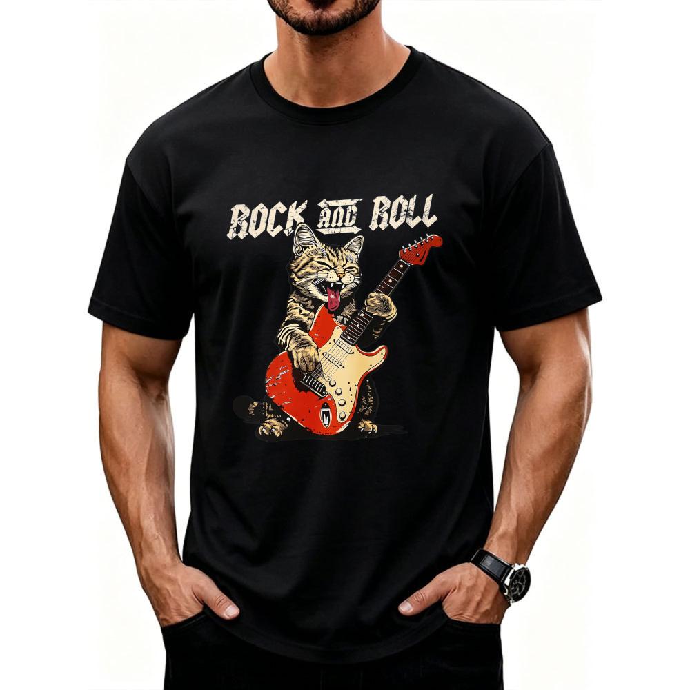 Vintage Rock N Roll Guitar Cat Black Crew Neck Short Sleeve Slim Fit T-Shirt for Men Women Guit