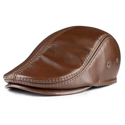 Boina Masculina Chapéu Plano de Couro Genuíno Marrom Com Abas para Orelhas Quente Outono Inverno Chapéu Gatsby Motorista Ivy Newsboy