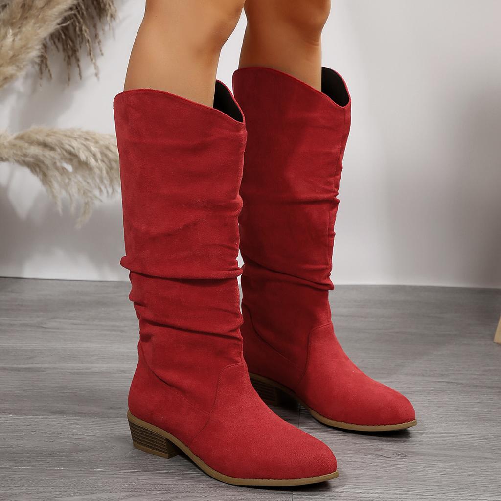 Damen Herbst/Winter Neu Übergröße Runde Zehenpartie Unifarben Ärmel Langstiefel Plissiertes Wildleder Martin-Stiefel