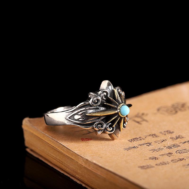 New Thai Silver Fine Craftsmanship Men's Jewelry: Vintage Turquoise Starlight Open Ring, Personalized Direct Sale