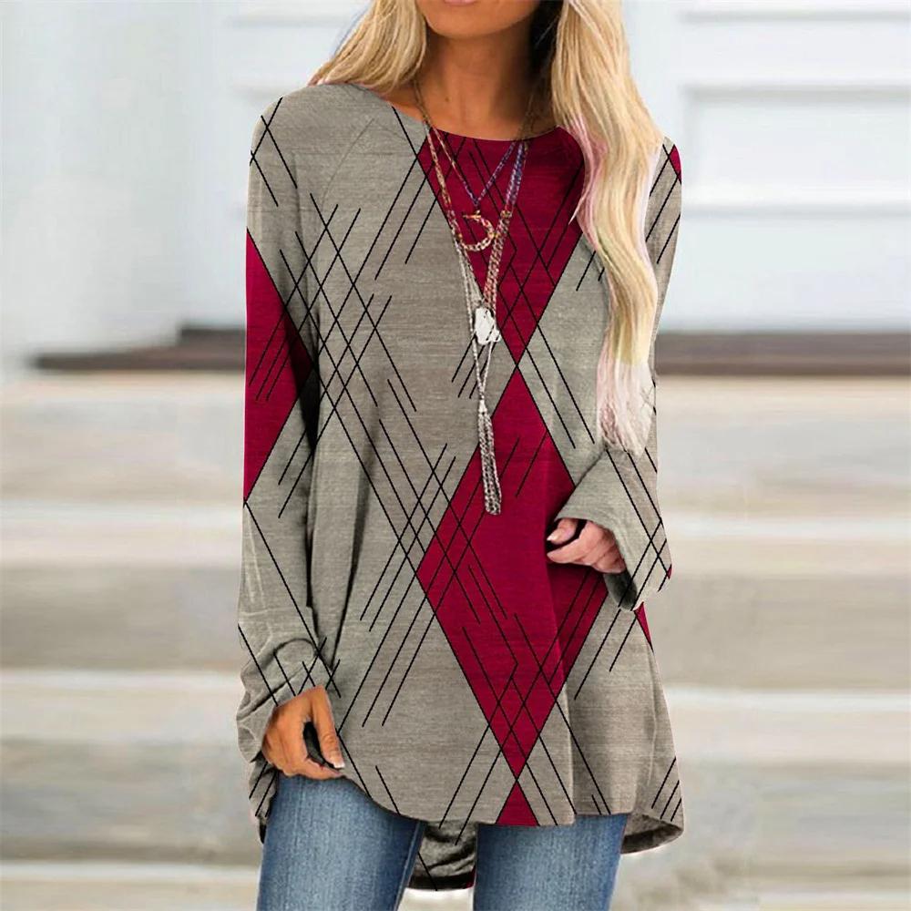 Farbblock Geometrie T-Shirts 3D gedruckt Damenmode Langarm T-Shirt Übergroße Streetwear Frau Tunika Tees Tops Kleidung