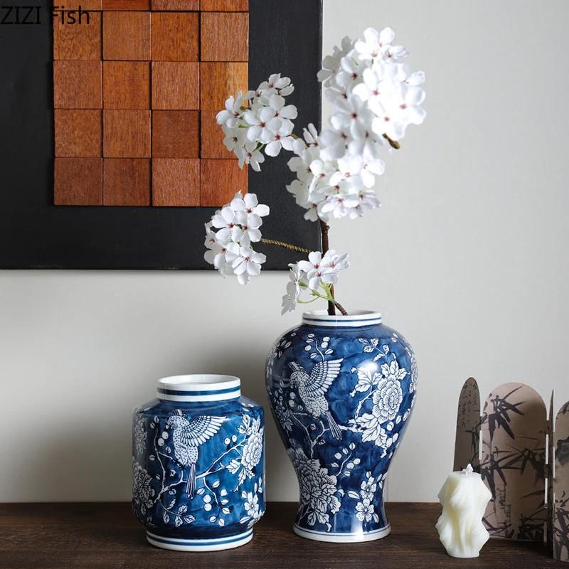 Flowers and Birds Pattern Blue Porcelain Vase Plant Pots Table Decoration Flowers Arrangement Floral Vases Room Aesthetic Decor