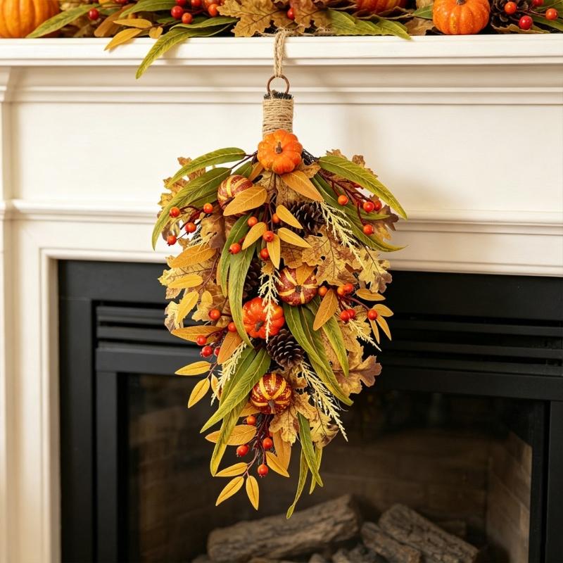 Halloween Wreath for Entry Door, Fall Seasonal Wreath with Display Loop for Entryway Wall or Porch, Elongated Wreath, Approx 27.6 Inch