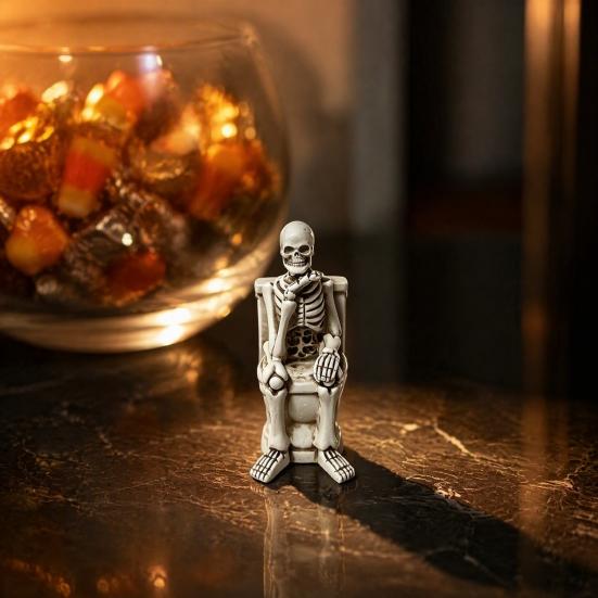 Miniature Skeleton Figure On Toilet Figurine, Funny Gothic Bathroom Statue, Spooky Unique Party Props Halloween Resin Ornament for Home Office