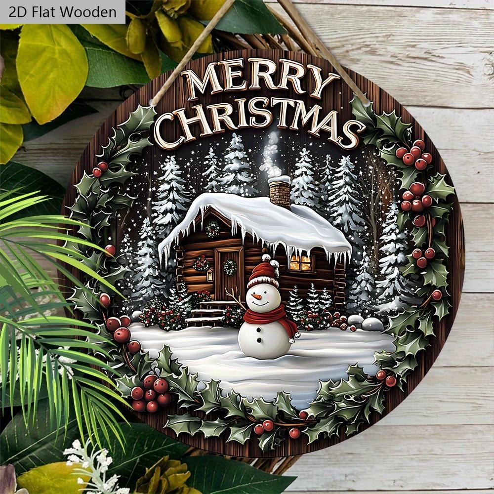 Warm Winter Wooden Christmas Sign with  Snow House & Snowman Pattern - Navidad Round Sign for Front Door Wall Hanging Decor - Ideal Christmas Gift