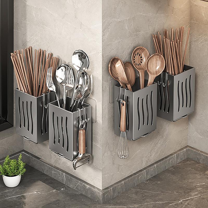 1-Piece Kitchen Utensil Rack-Multifunctional Draining Chopstick Holder,Wall-Mounted Or Freestanding Cutlery Storage Box, Plastic