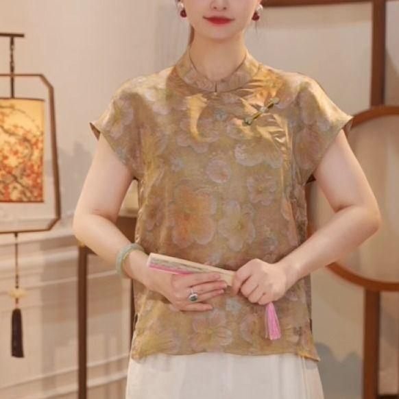 

2025 summer top jacquard short-sleeved shirt button-down stand-up collar thin high-end extravagant T-shirt 3XL (138-75kg recommended)