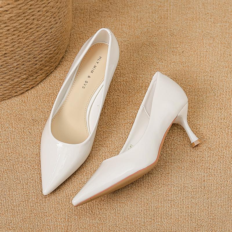 

G65-83 Huiliya туфли на высоком каблуке женские с острым носком на тонком каблуке 2025 осень новые темпераментные нишевый дизайн патентная кожа женская обувь 35 белый