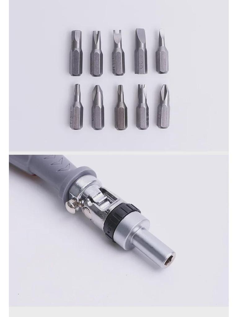 Versatile Multi-Angle Ratchet Screwdriver Set with Cross, Plum, and Hex Bits.