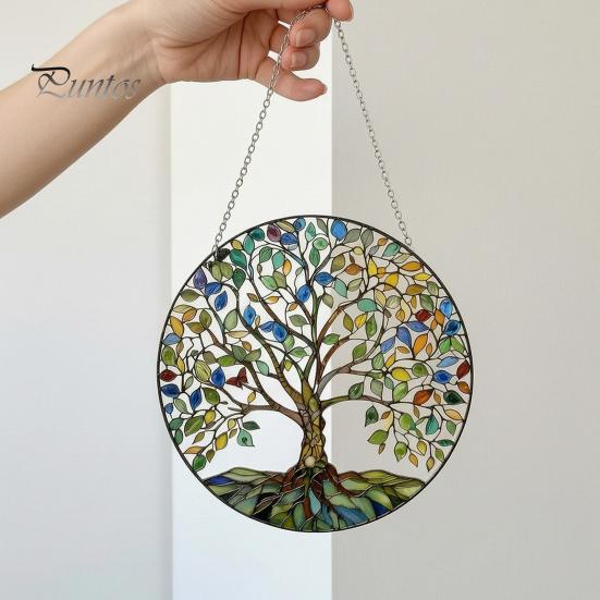 Indoor Outdoor Suncatcher Tree of Life Round Hanging Sign, Stained Glass Acrylic Sign Decoration, Window Wall Ornament for Sun Resistant