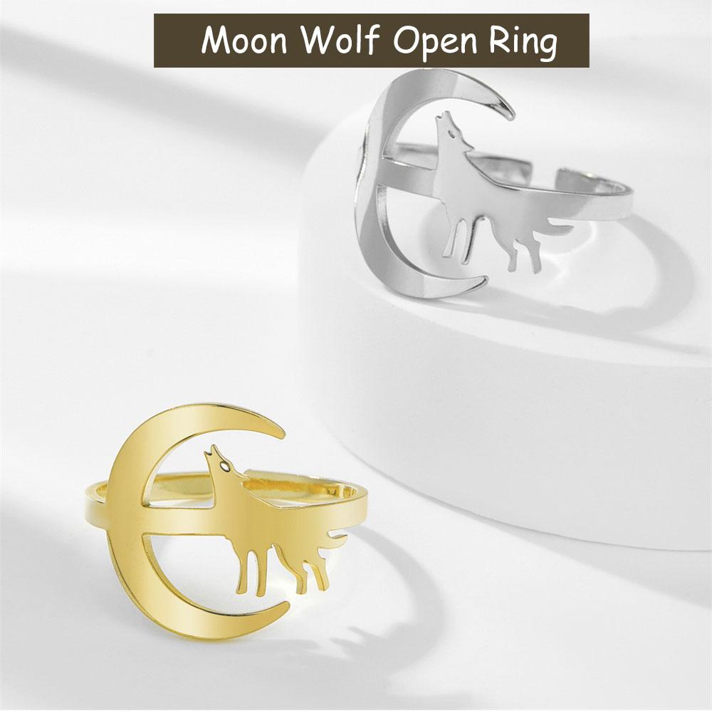 Cazador Wolf On the Moon Open Women's Ring Animal Couple Rings Party Birthday Gift Stainless Steel Jewelry 2026 Wholesale New