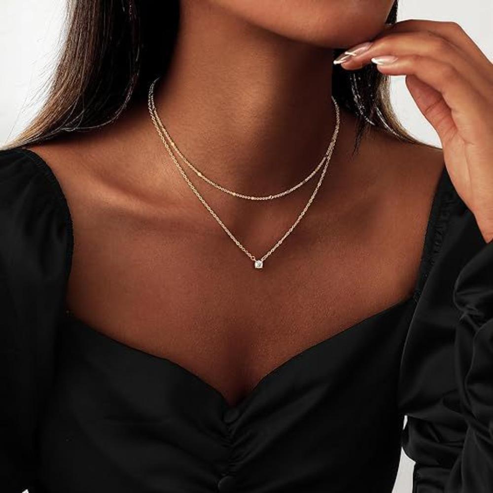 14K Necklace Real Gold Electroplated Two-layer Necklace Simple Versatile Collarbone Chain Layered Pendant Neck Chain Female