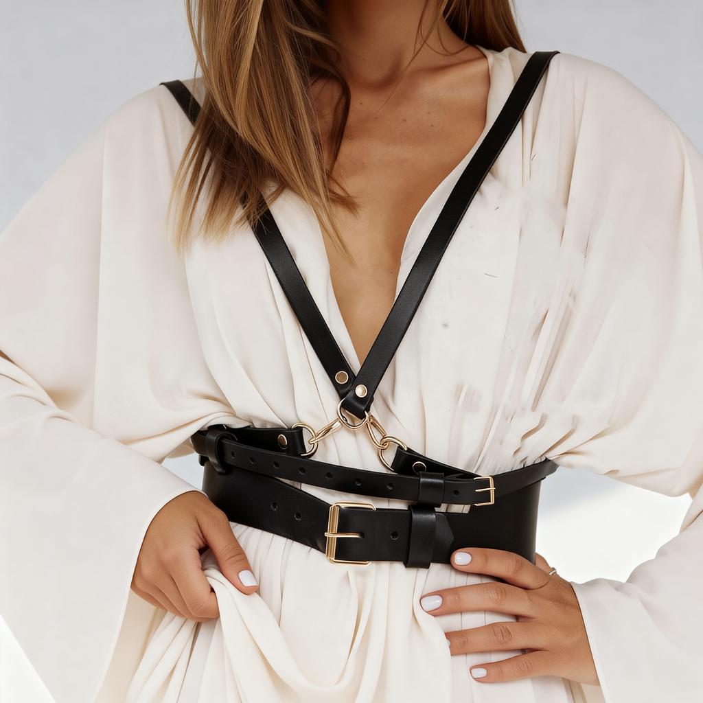 Leder-Körpergeschirr für Damen - Gothic Punk Ketten-Design, Verstellbare Passform, Perfekt für EDM-Festivals