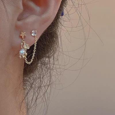 2023 Cute Bear Double Ear Piercing Chain Tassel Earrings for Women - Niche Design, Versatile and Adorable