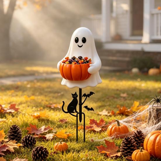 Decorative Soil Insert Signs Halloween Ghost Candy Bowl Garden Stake, 2D Flat Pumpkin Holder with Cat Spooky Bucket Sign And Bats, Trick or Treat