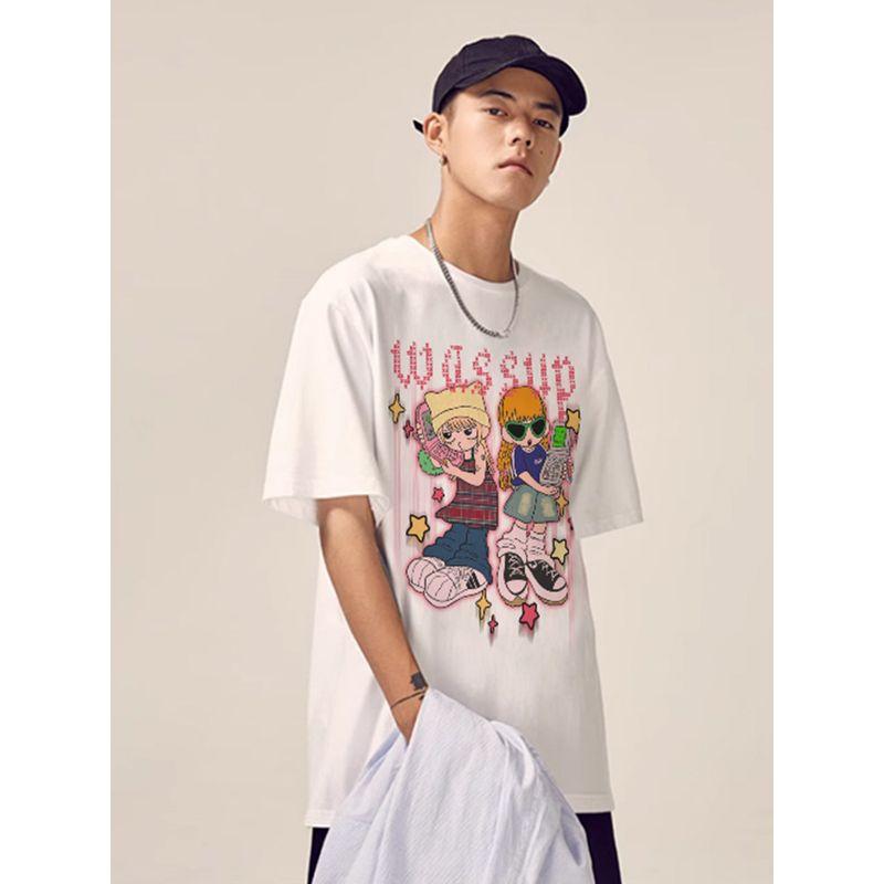 Wassup Heods Music Girl Trendy Brand Heavyweight Short-Sleeve T-Shirt for Men, Summer Loose Round Neck National Trend Couple T-Shirt