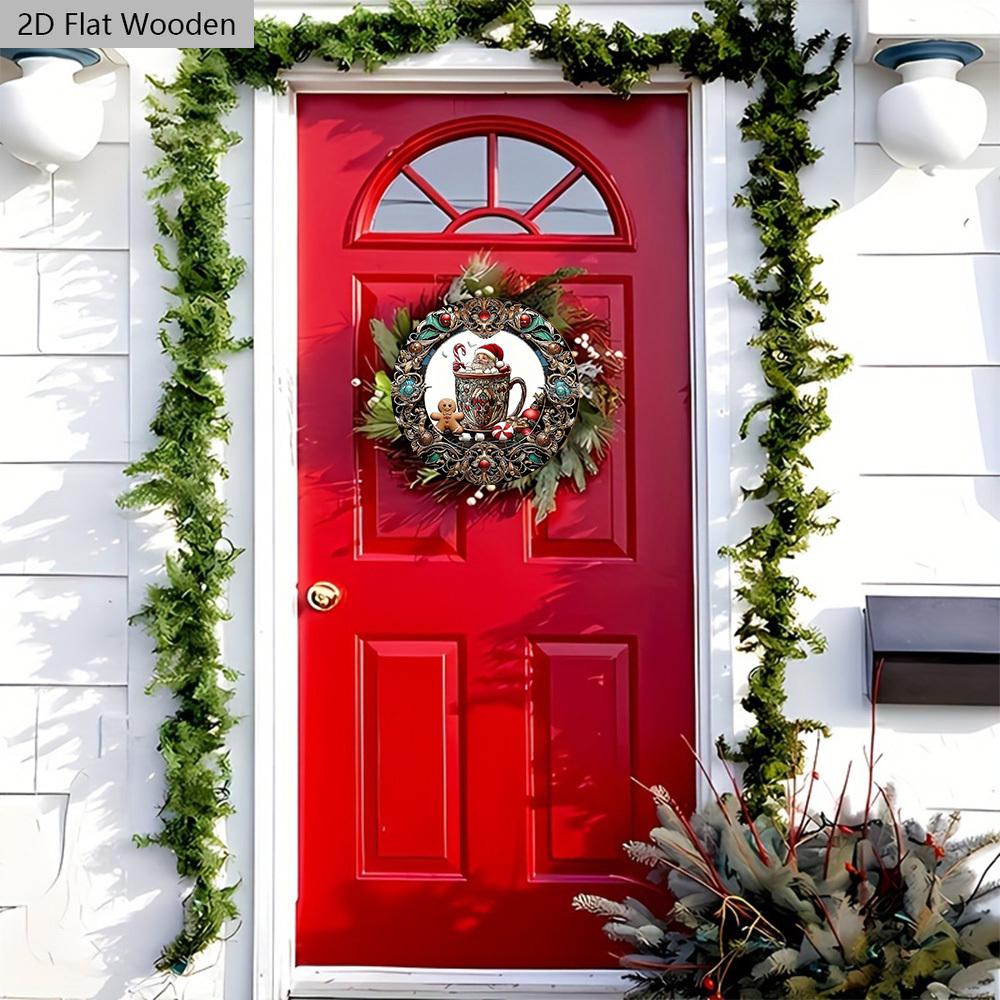 Christmas Hot Cocoa Wooden Sign with Santa Claus & Gingerbread Man Pattern - Navidad Sign for Front Door, Wall Hanging Decor - Ideal Christmas Decor