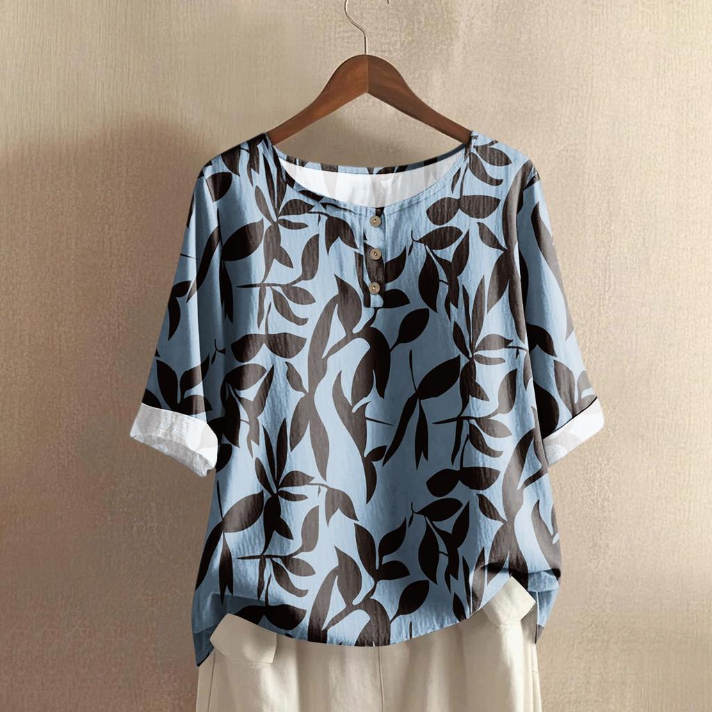 Women's Casual Mid-sleeve Round Neck Retro Floral Print Cotton And Linen Top