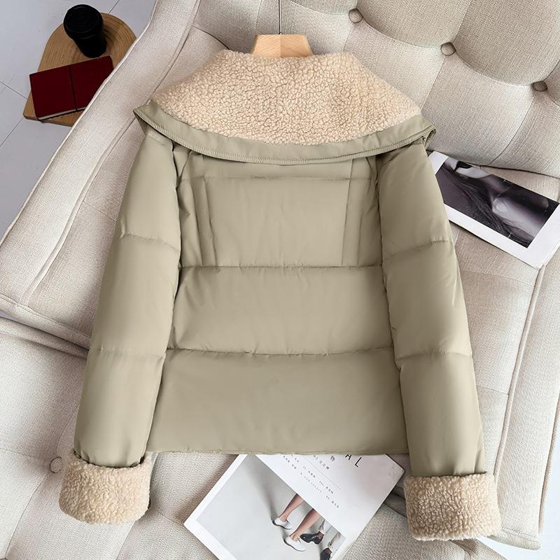 New doll collar contrasting color fashionable splicing horn buckle short cotton coat long sleeve jacket