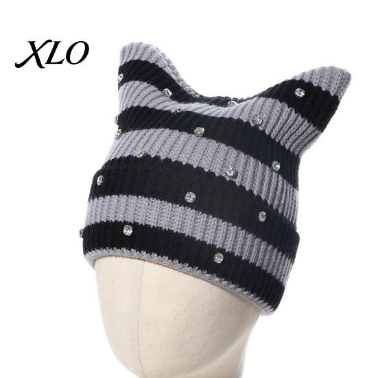 Casual Outdoor Knitted Cap Cat Ear Hat for Women Girls, Striped Slouchy Crochet Headgear Fashionable Daily Wear with Shiny Rhinestones, Cute