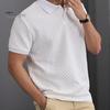 Men Tops Lapel Short Sleeve Solid Color Tee Shirt with Jacquard Decoration Jacquard Fabric Solid Color Tops