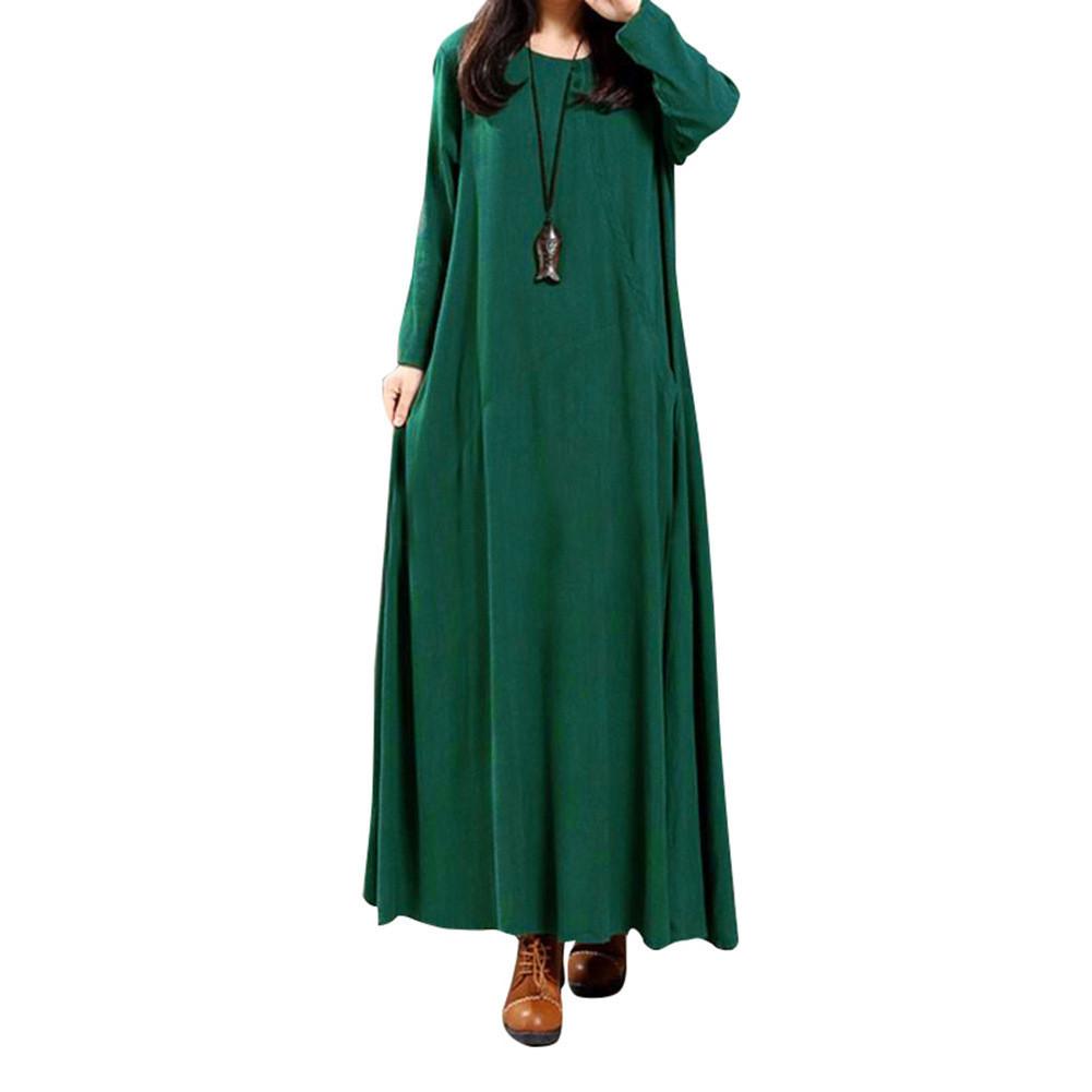 Elegant Plus Size Women Cotton Long Sleeve Vintage Kaftan Casual Maxi Dress