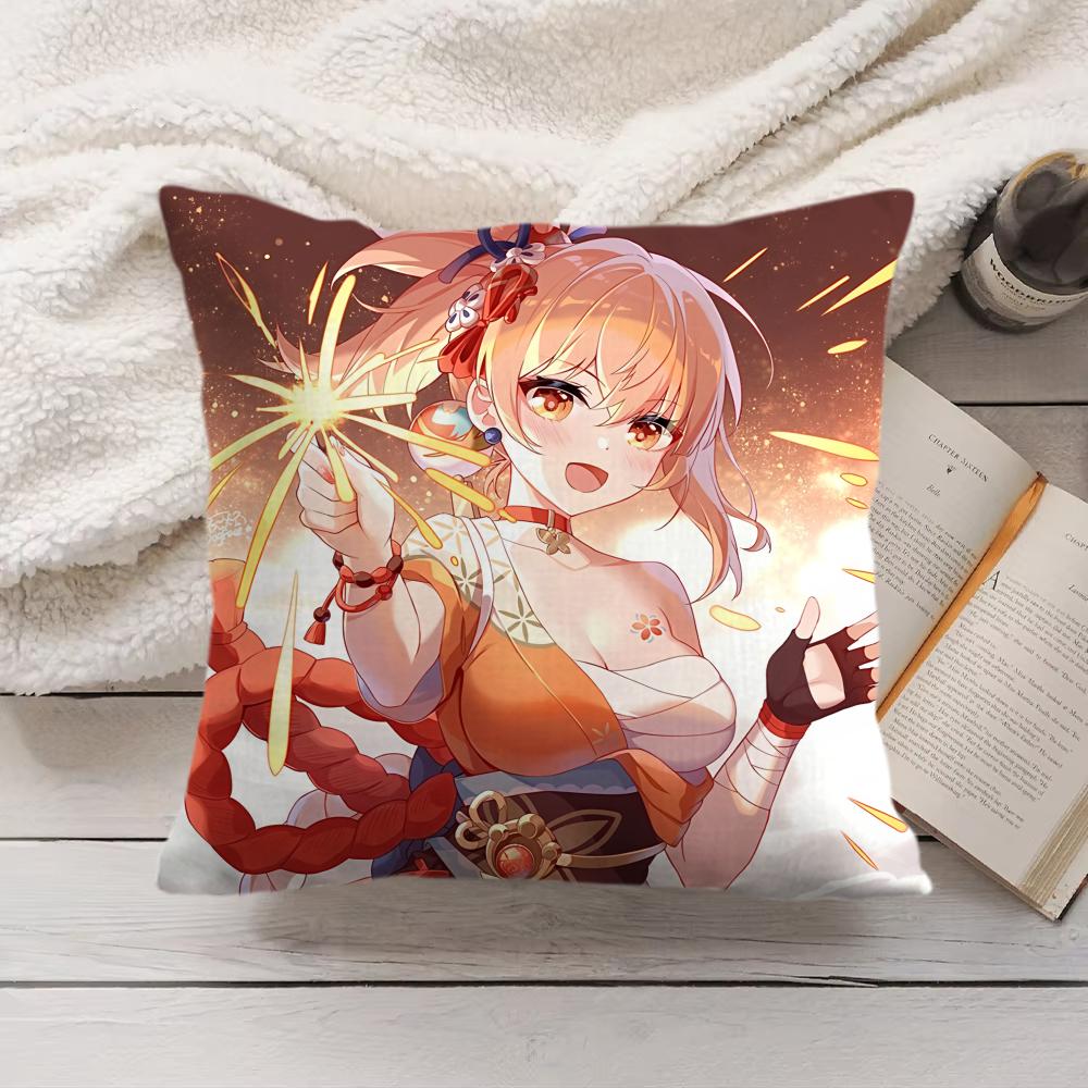 Yoimiya Genshin Impact Cute Cushion Cover Silky Short Plush Invisible Zipper Dustproof Sofa Pillow Case For Home Decor