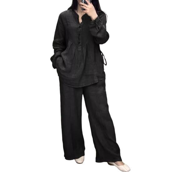 2 Pcs/Set Women Top Pants Suit Round Neck Half Single-breasted Long Sleeves