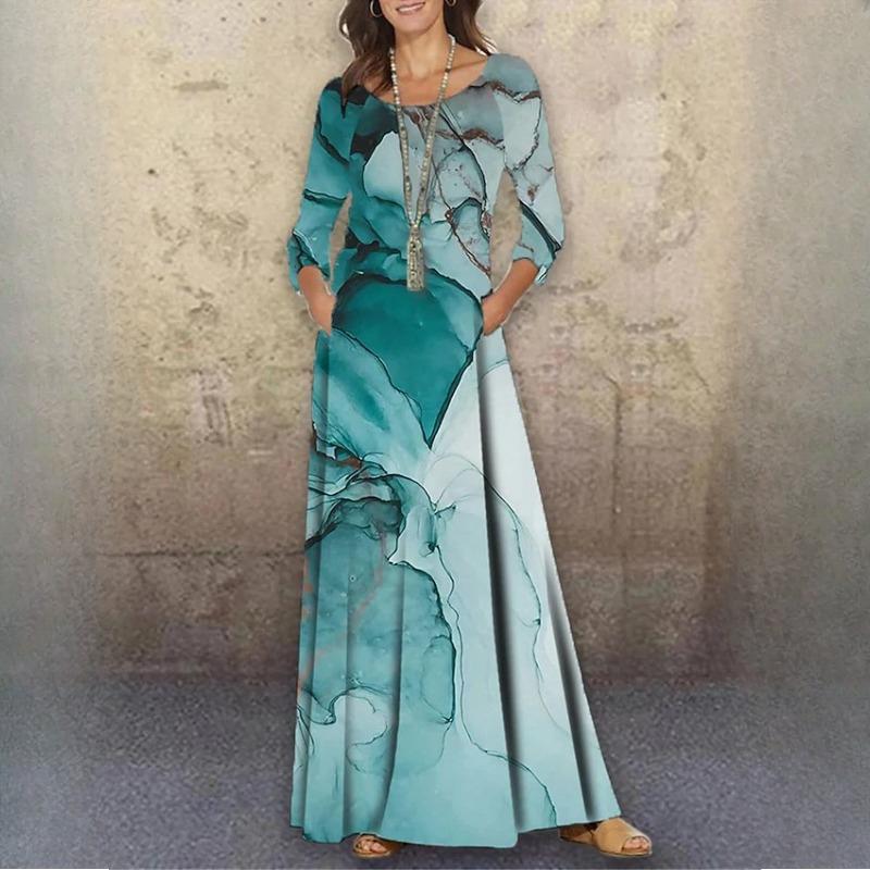 

Плюс Размер Женщин О-образный вырез Трикотаж Длинный рукав Длинное платье Цветочный принт Летние повседневные платья XXXL