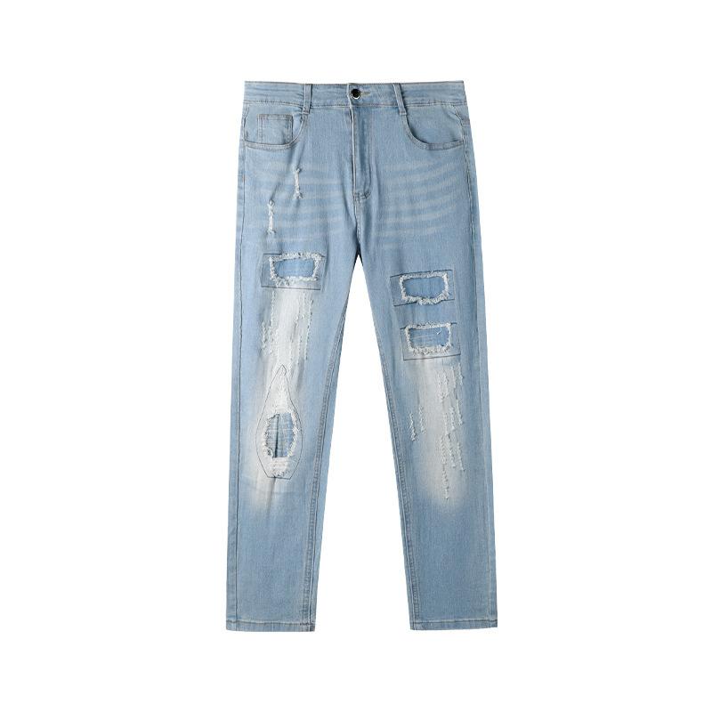 Foreign Heavy Industry Ripped Jeans Men'S Blue Slim-Fitting Elastic Pants Tide