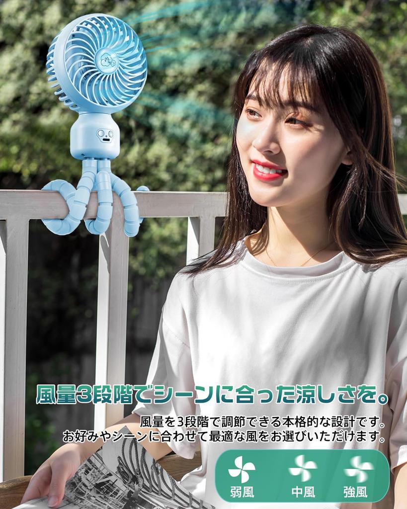 Portable Rechargeable Fan with Automatic Oscillation and Flexible Mini USB Airflow Portable for Outdoor Heatstroke Blue Winding, Fan, 4-Way Design,