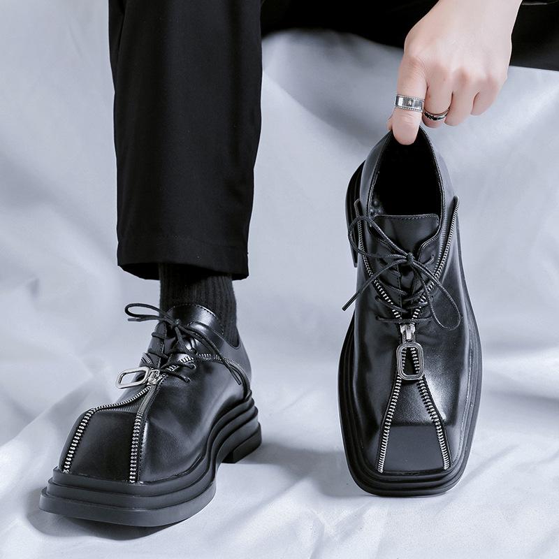 Men's Thick Sole Square Toe Leather Shoes with Height Boost & Zipper Design - Punk Style 60702-R
