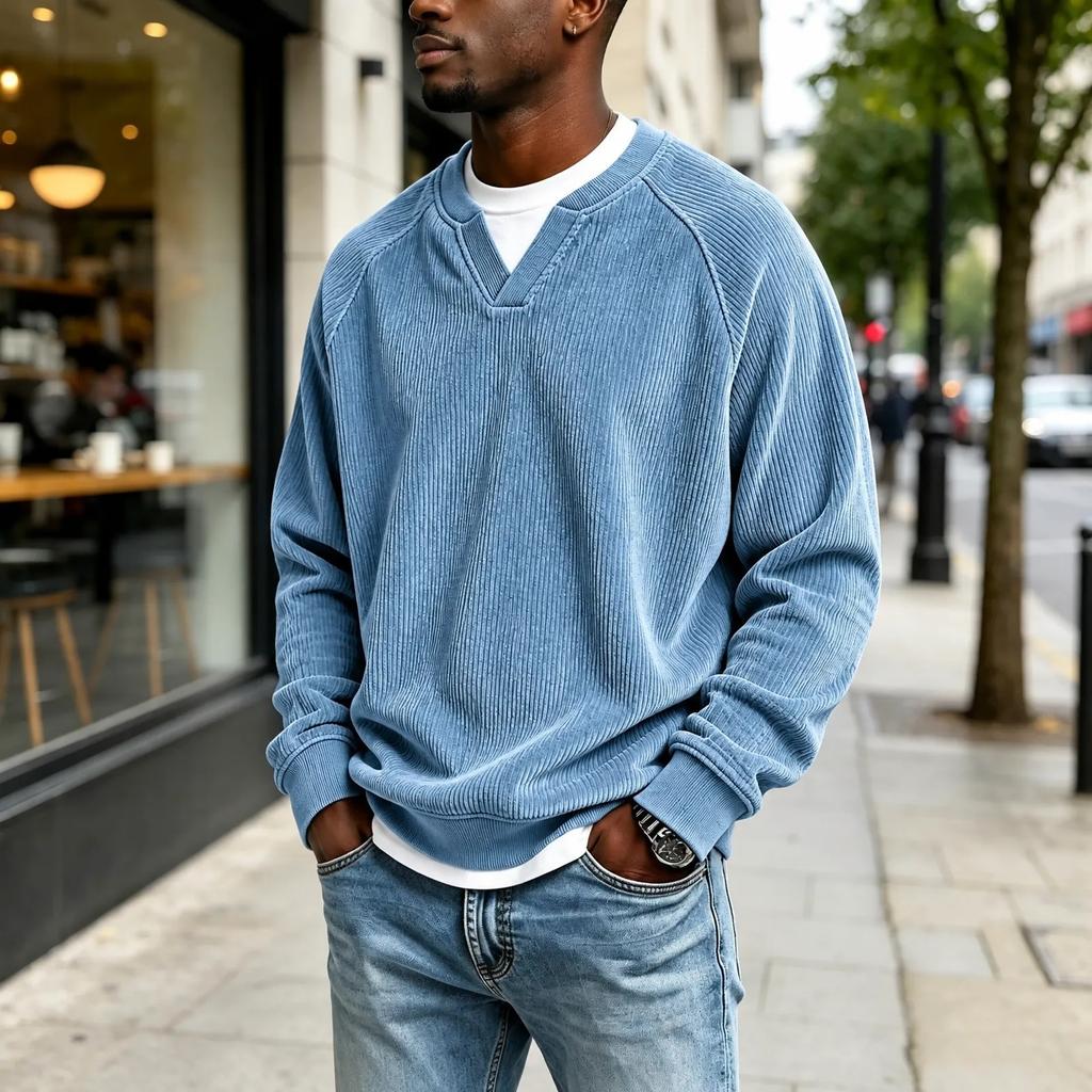 Men's V-neck Faux Two Piece Corduroy Long Sleeve Casual Sportswear T-shirt