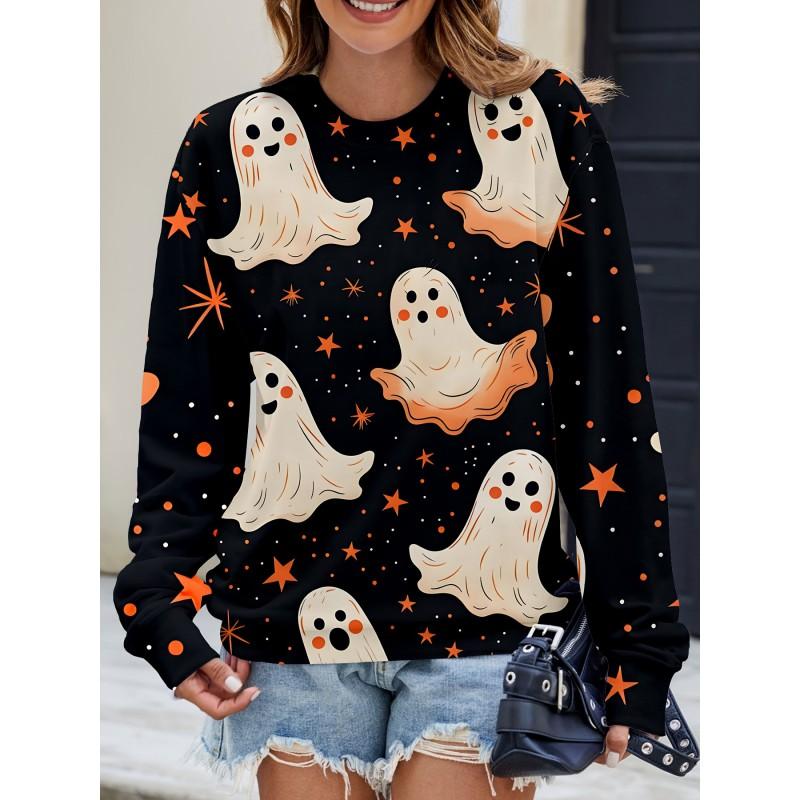 Womens Casual Hoodie With 3D Halloween Print Round Neck Lightweight Breathable Fabric