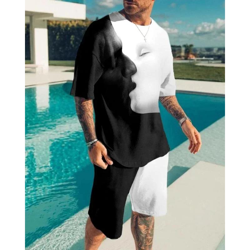 Men's Skull Print Short Sleeve T-Shirt Oversized Casual Sportswear Breathable Shorts 2024 Summer Fashion Shorts Short Sleeve Set